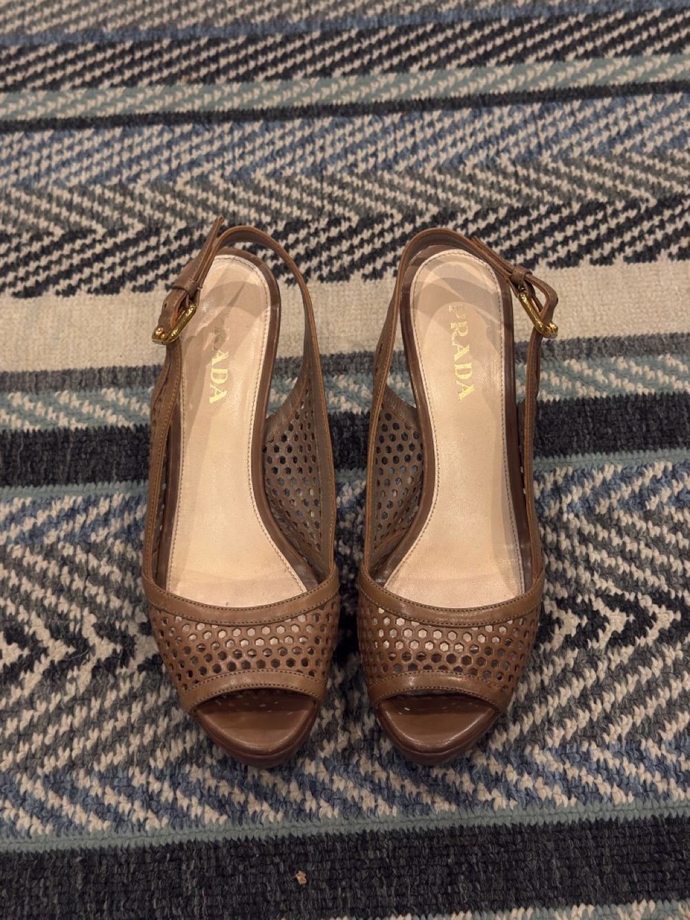 Prada Brown Perforated Leather Slingback Peep-Toe Heels